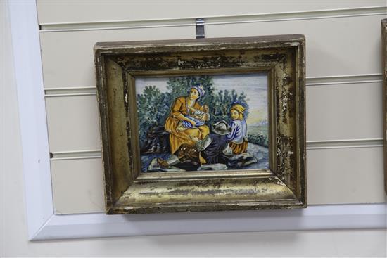 A pair of Italian majolica polychrome rectangular plaques, 18th/19th century, 16 x 21cm excl. gilt frames